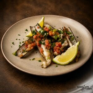 Couteaux snackés à la cébette, sauce vierge à la tomate et mélisse fraîche