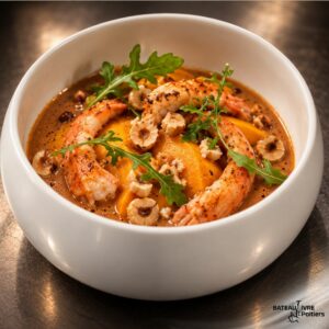 Langoustines snackées bisque de vin rouge, purée de courge, noisette