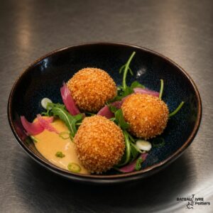 Arancini safranés à la mozzarella, mayonnaise au sriracha
