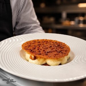 Dacquois café, crème diplomate à la vanille, tuile croustillante, noisette caramélisée, poire pochée
