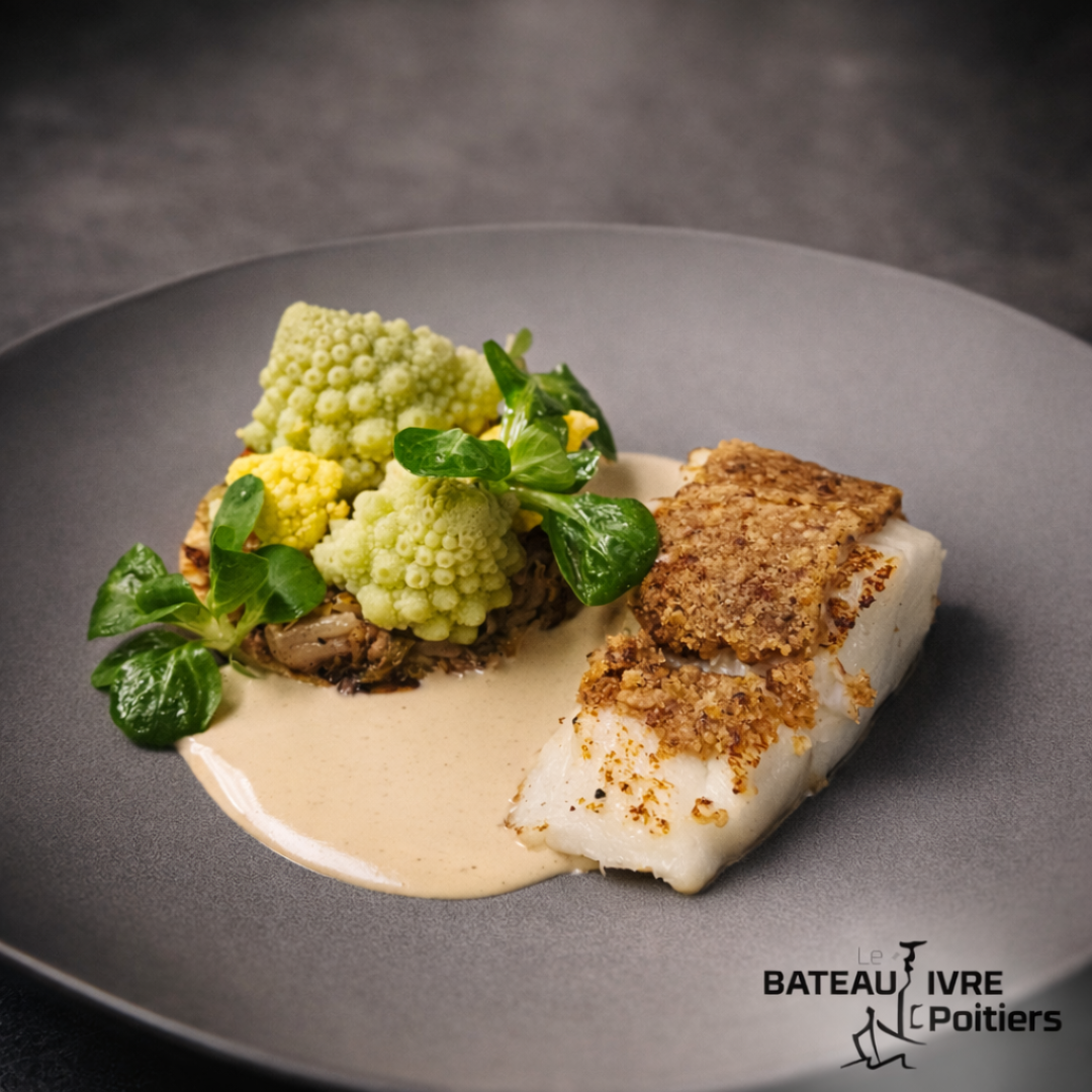 Cabillaud et croûte de Bretzel, crêpe Alsacienne à la cannelle, déclinaison de choux comme une tarte