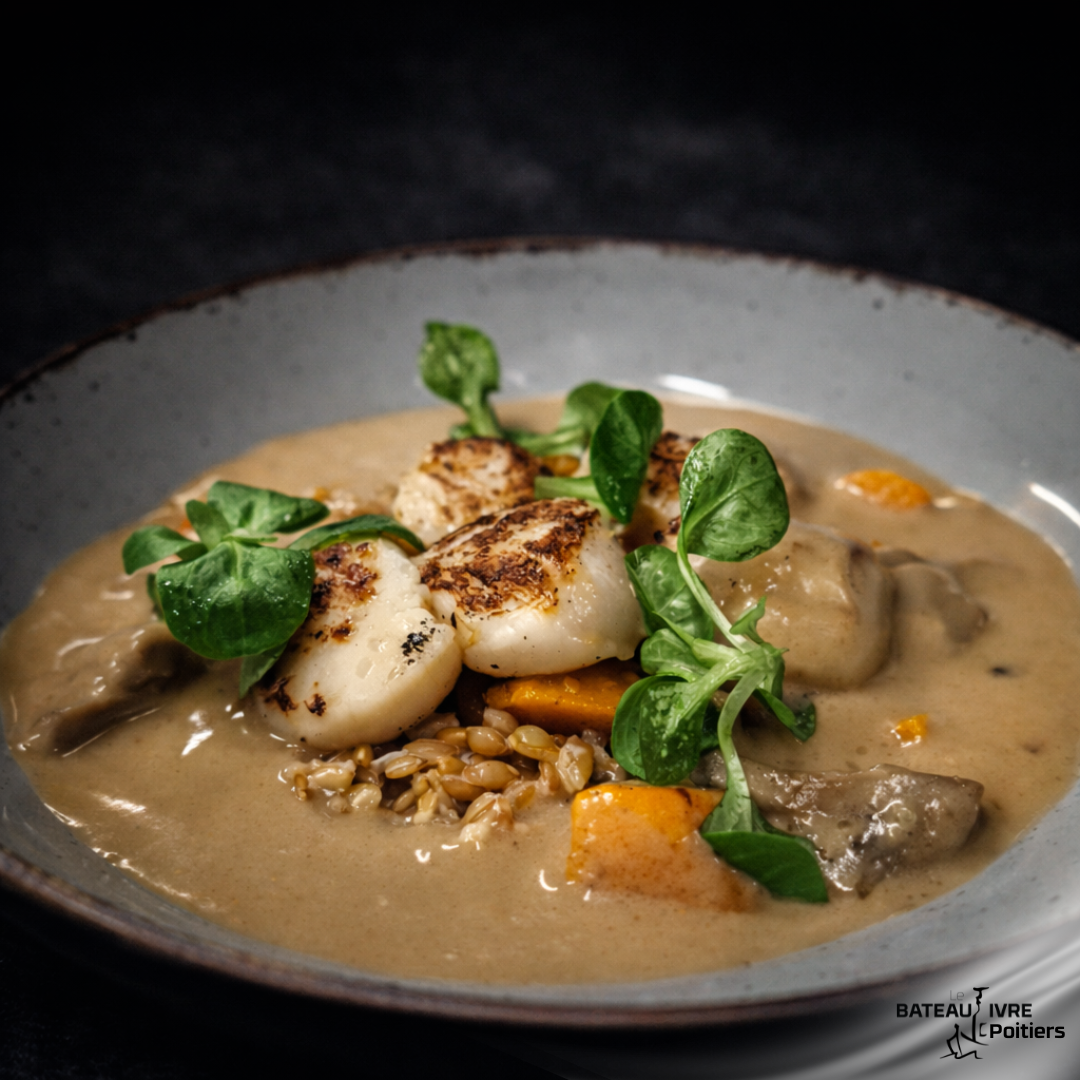 Saint Jacques rôties, petit épeautre à la courge, mâche et sauce alsacienne